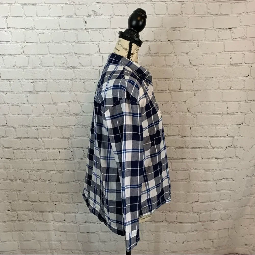 J Crew Step Hem Button Down Shirt PS Cotton Stretch Blue Plaid Long Sleeve
